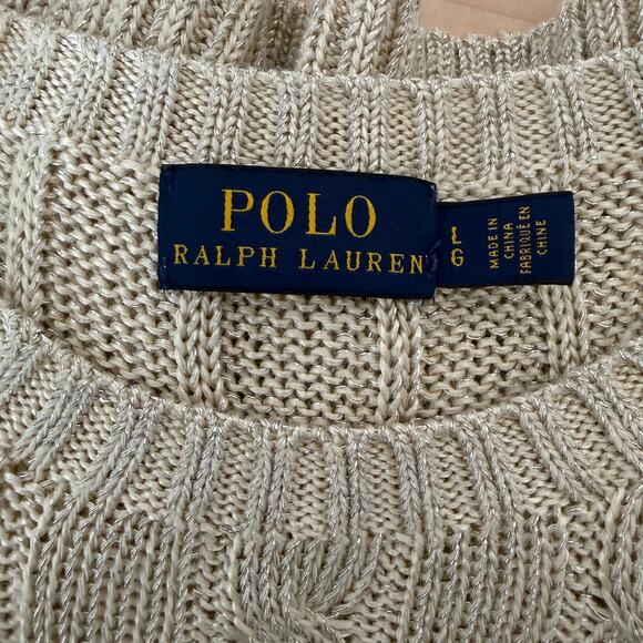 Polo Ralph Lauren Metallic Gold Cable Knit Crewneck Sweater Cotton Blend | Large - Picture 5 of 12